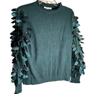 Sioni Milano Sweater Winter Green Embellished Sleeve Frill Neck Womens Large NWT